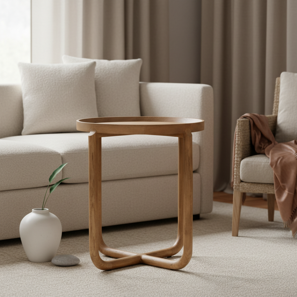 Wooden side table with a round top and twisted legs on a white background