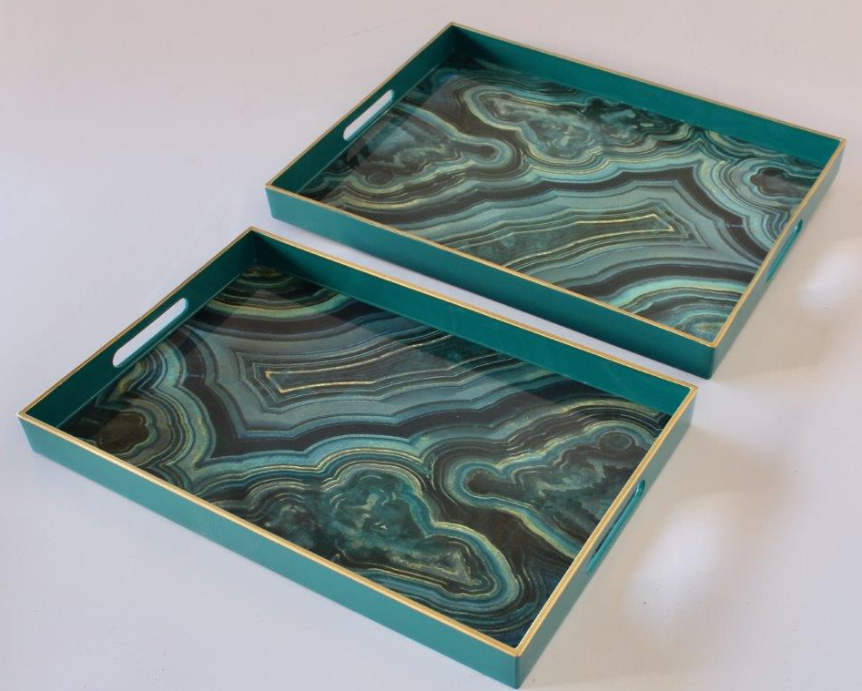 Set of 2 Green and White Marbled Tray