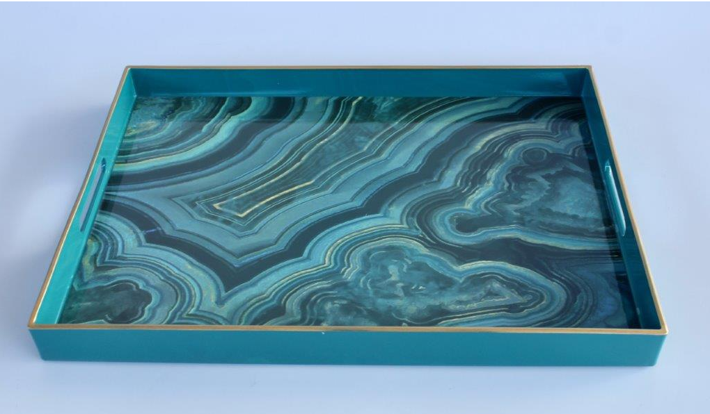 Set of 2 Green and White Marbled Tray