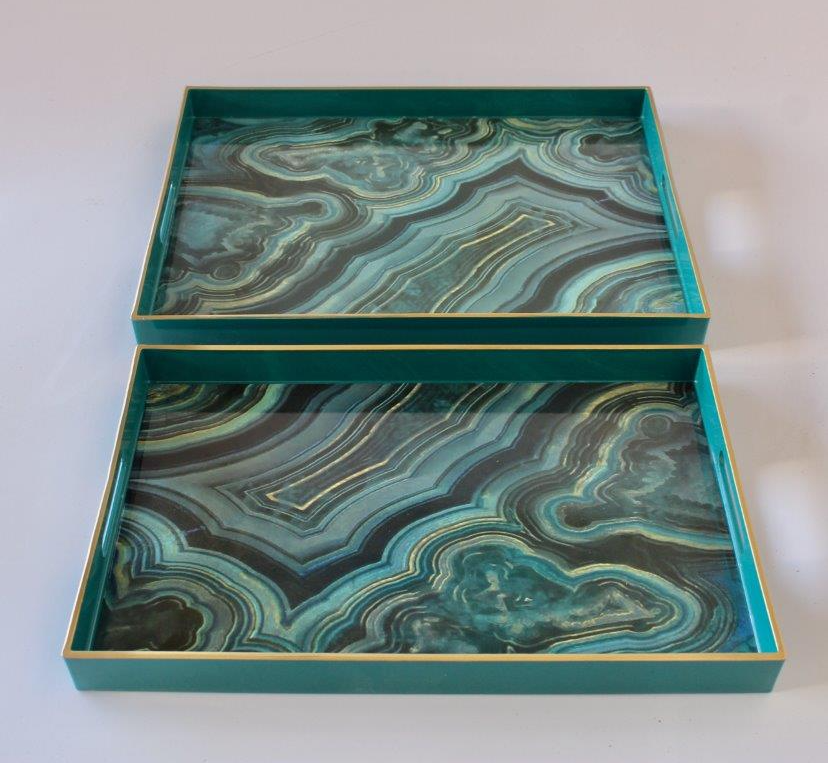 Set of 2 Green and White Marbled Tray