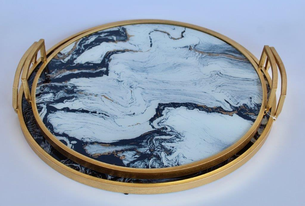 Set of 2 Black and White Marbled Tray