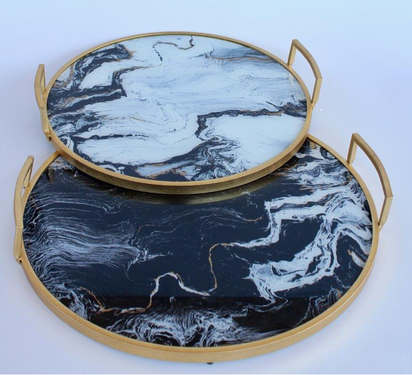 Set of 2 Black and White Marbled Tray