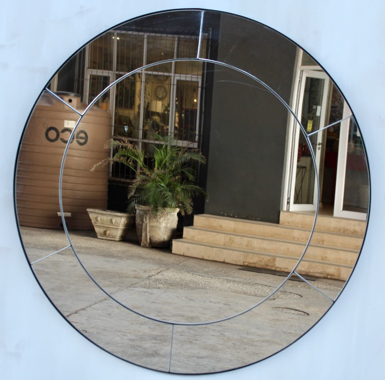 Large Round Vintage Mirror with Black Frame