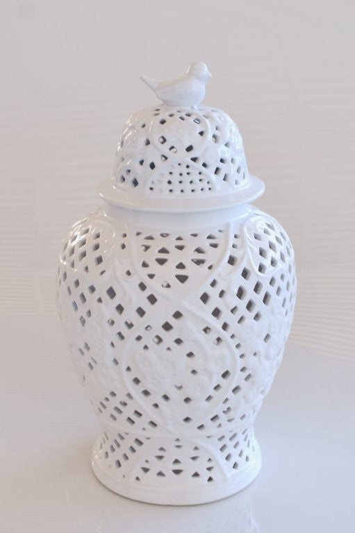 WHITE CUT-OUT GINGER JAR BIRD LID