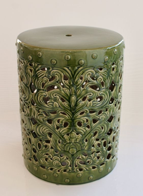 DARK GREEN CUT-OUT CERAMIC GARDEN STOOL