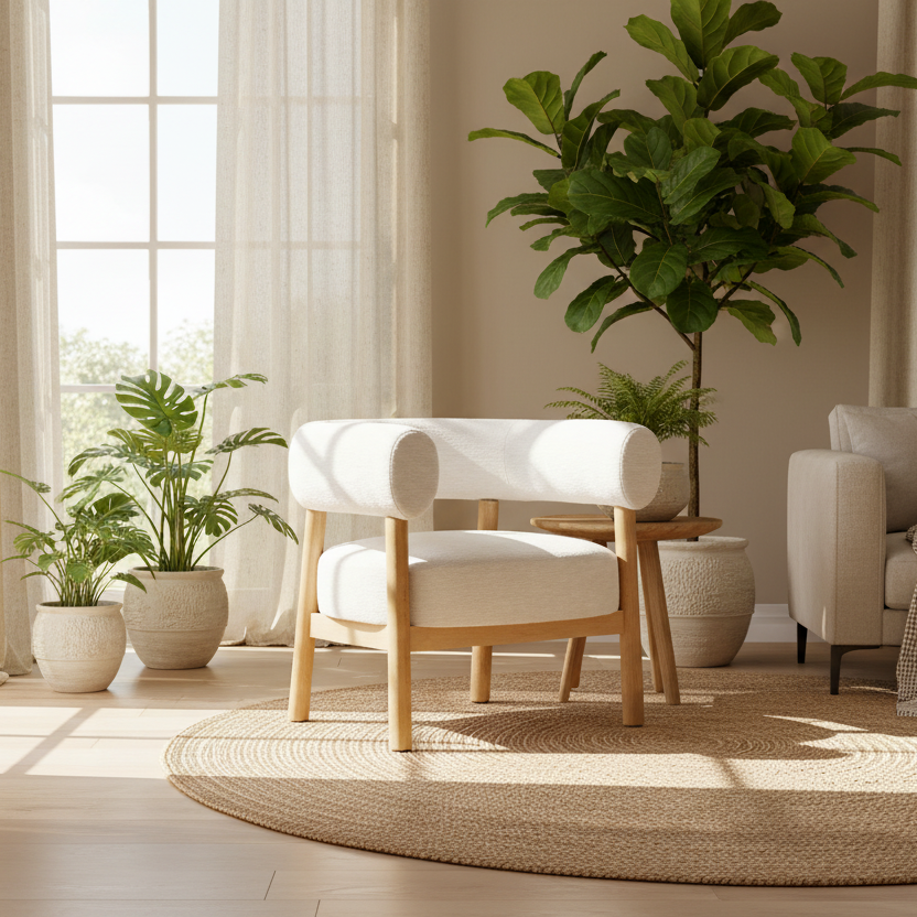 White armchair with wooden legs on a white background