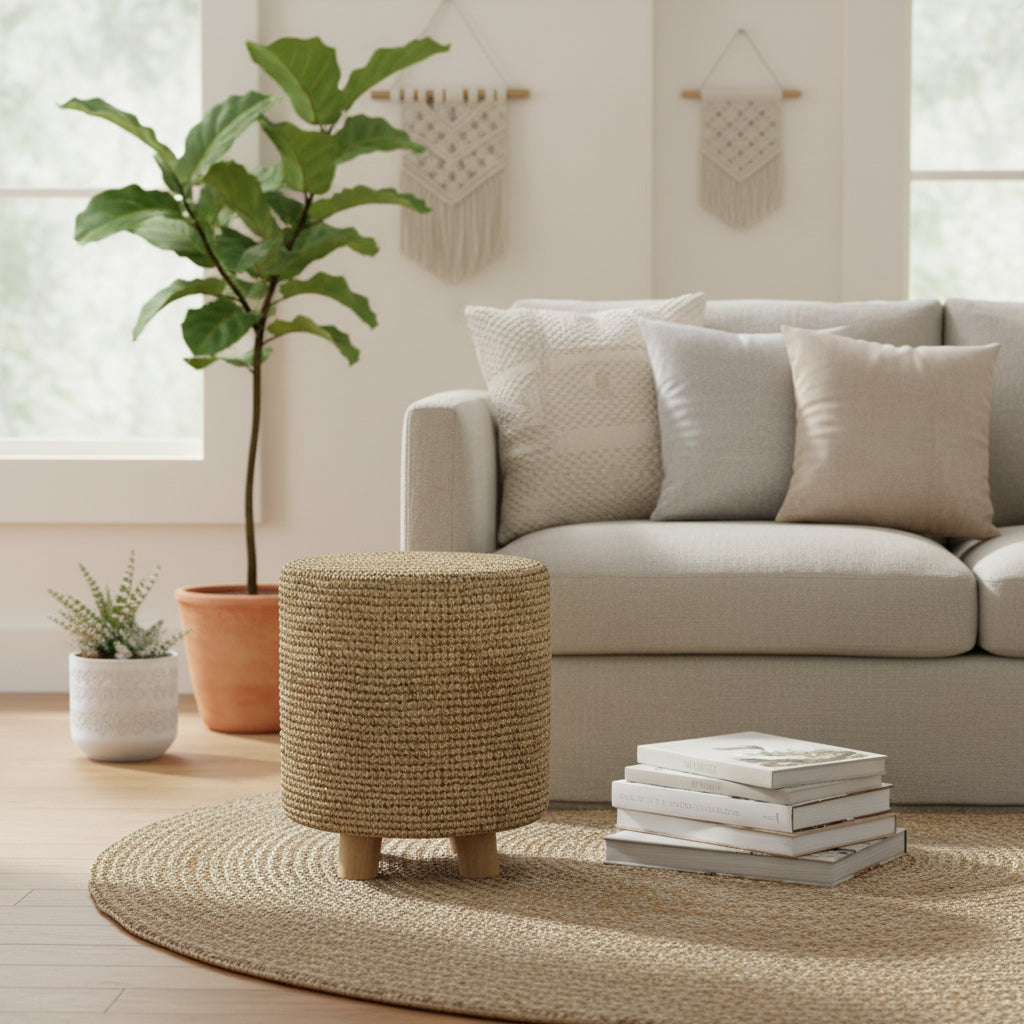 Woven stool with natural texture on a white background