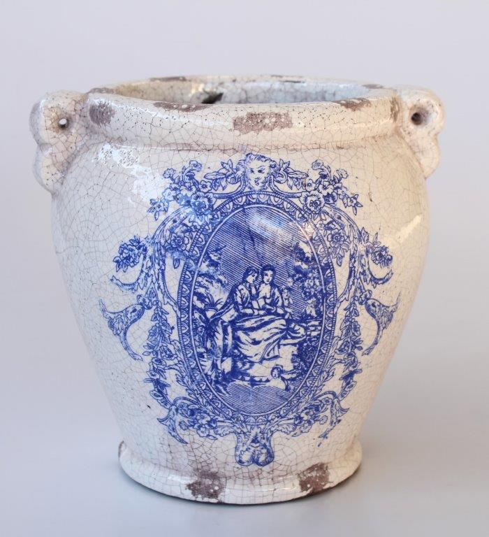 Blue & White Distressed Fat Jar with Handles