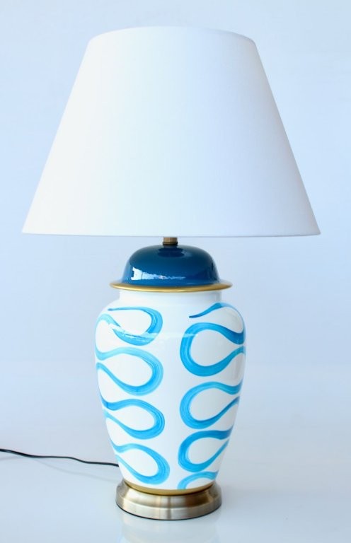 BLUE SQUIGGLE LAMP BASE WHITE SHADE