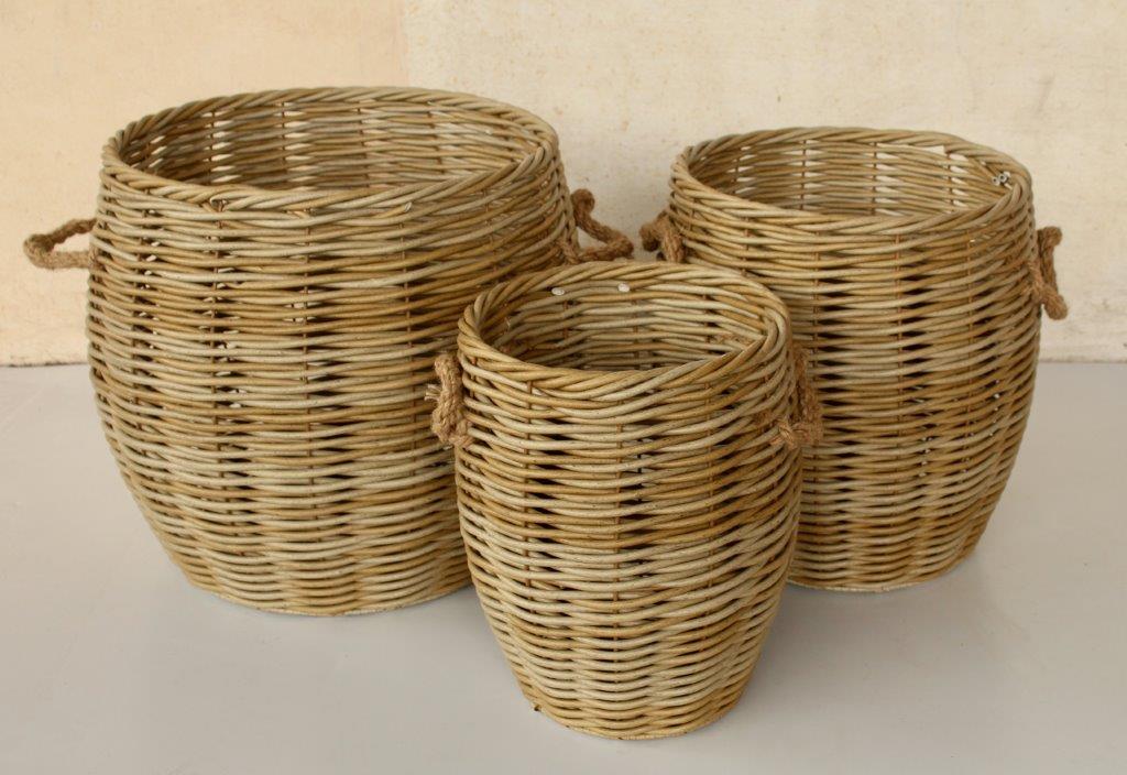 Set of 3 Synthetic Rattan Round-Shaped Outdoor Baskets