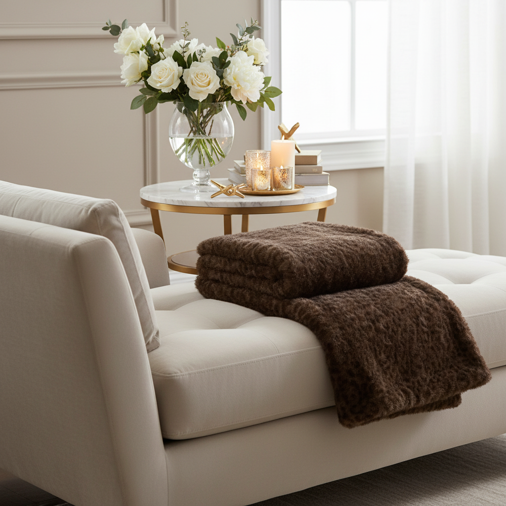 Folded brown blanket on a white background