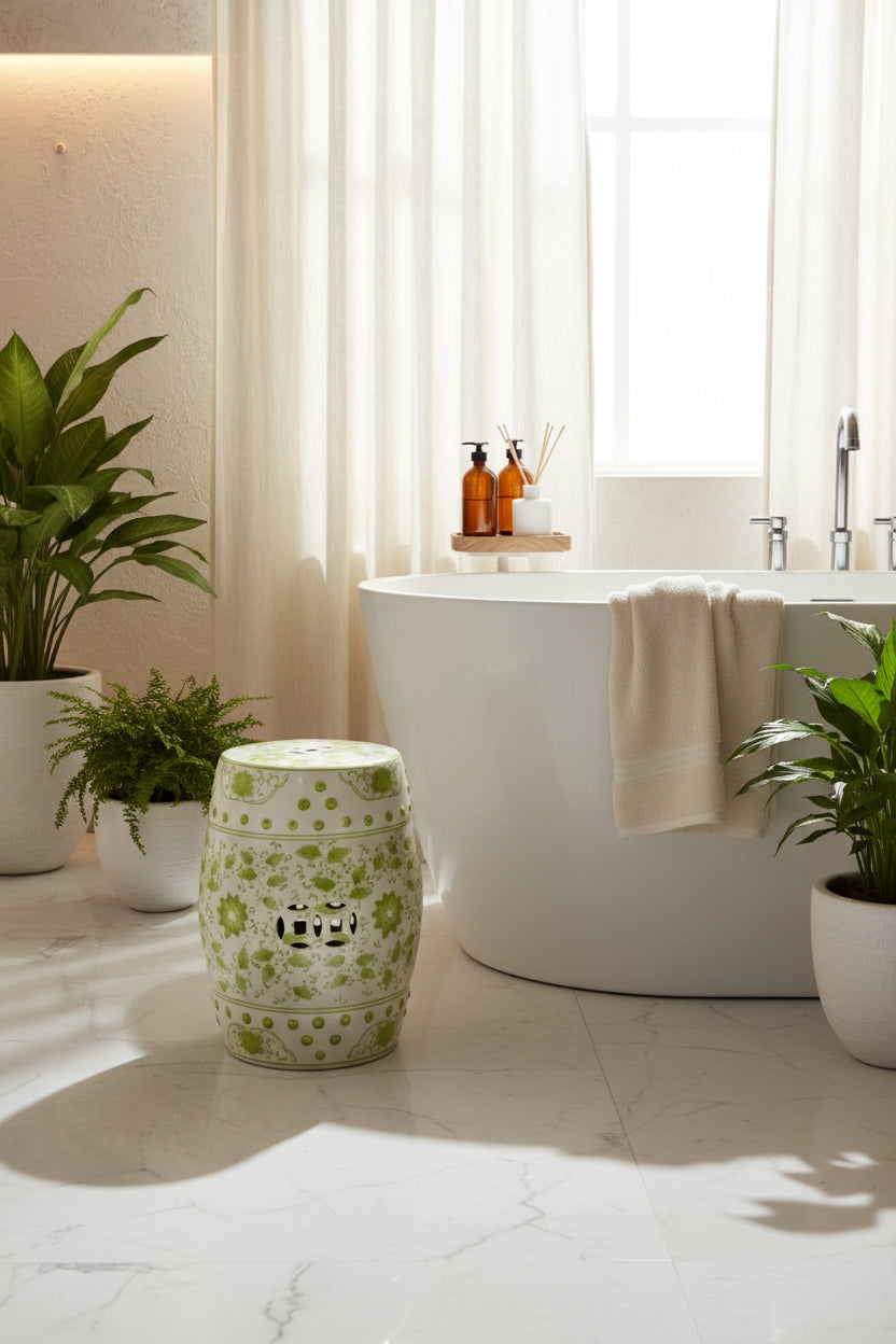 Decorative ceramic stool with green floral patterns on a white background