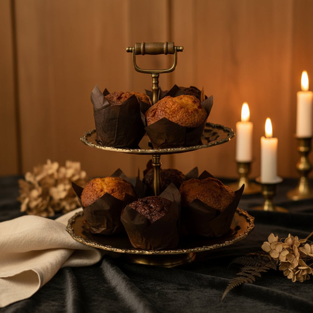 Two-tiered metal stand with muffins on a white background