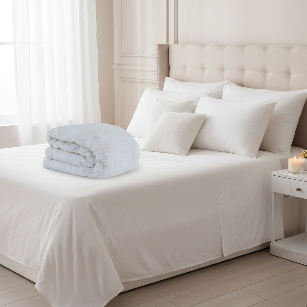 Folded gray blanket on a white background