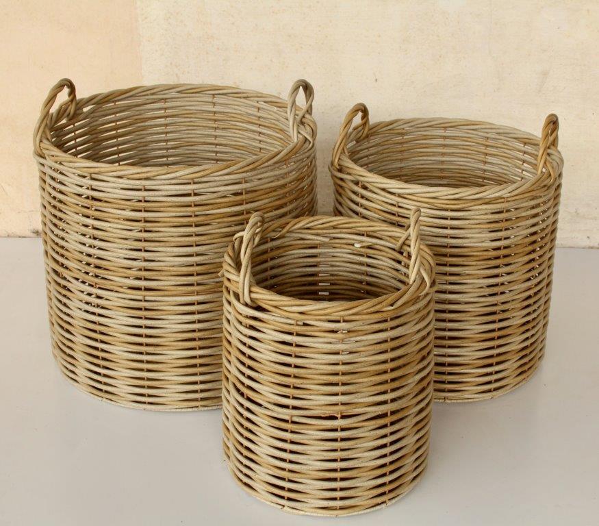 Set of 3 Synthetic Rattan Round Outdoor Baskets