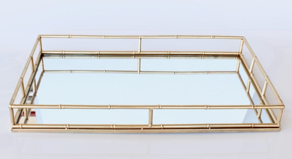 Gold Rectangular Bamboo Metal Mirror Tray