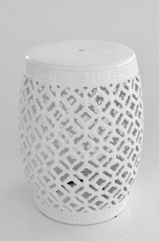 WHITE CUT-OUT CERAMIC GARDEN STOOL