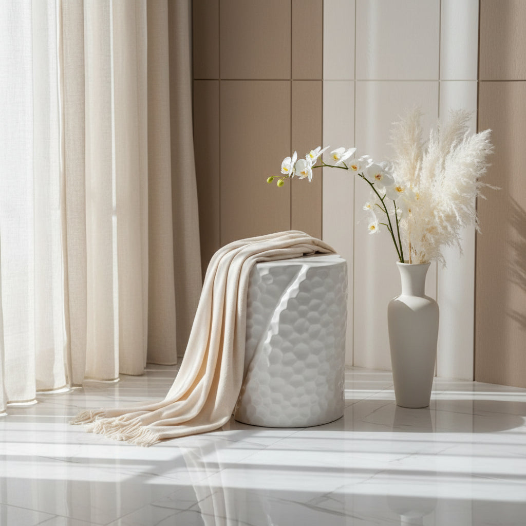 white ceramic garden stool on awhite background