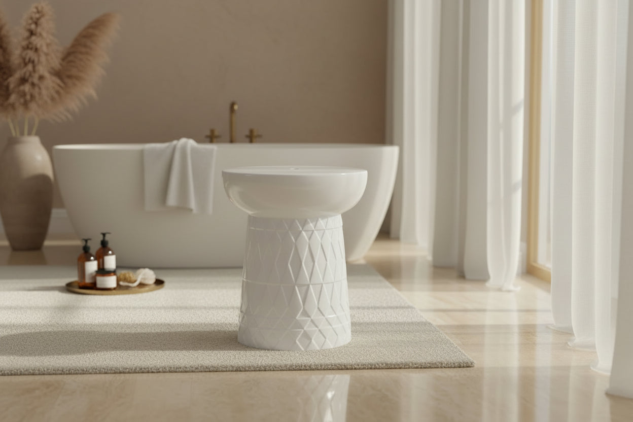 White textured stool on a light gray background