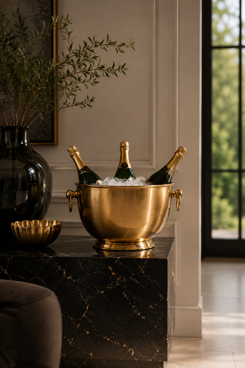 A polished gold champagne bucket filled with ice and three champagne bottles, displayed on a black marble side table in an elegant interior setting.