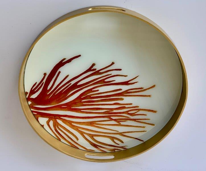 MEDIUM ROUND GOLD EDGE CORAL GLASS TRAY - NetDécor