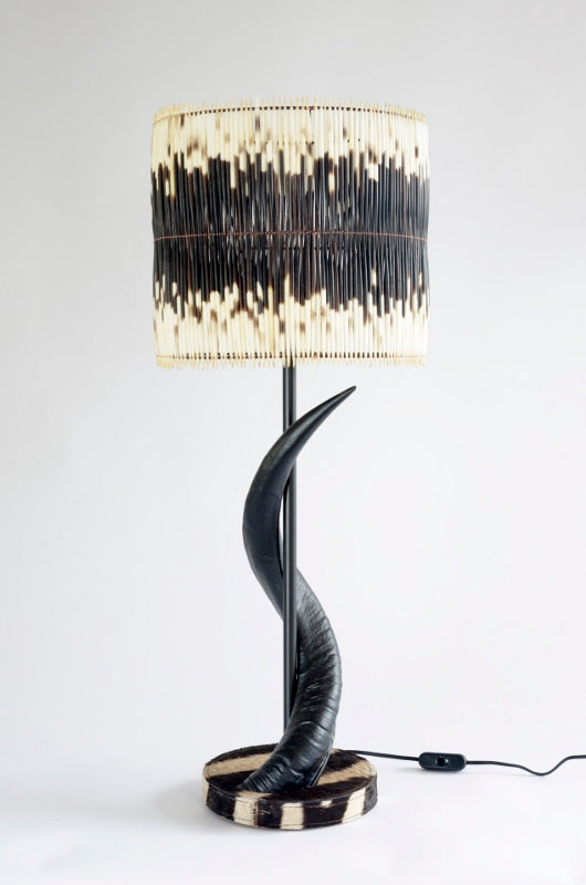Black Polished Kudu Horn Lamp with Zebra Base and Two Row Quill Shade - NetDécor