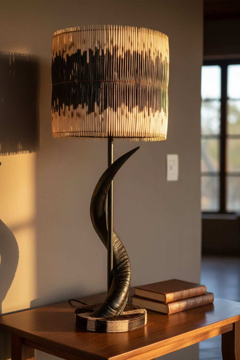 Black Polished Kudu Horn Lamp with Zebra Base and Two Row Quill Shade - NetDécor