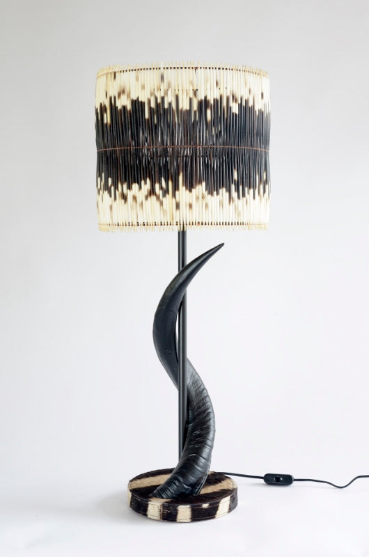 Black Polished Kudu Horn Lamp with Zebra Base and Two Row Quill Shade - NetDécor 