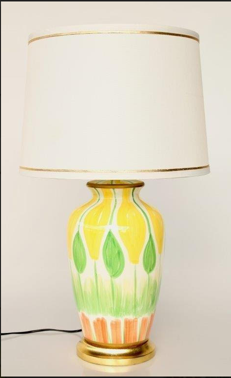 Hand Painted Yellow, Green & Orange Lamp w/ Gold Trim Shade - NetDécor