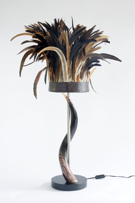 Polished Kudu Horn Table Lamp with Cocque Feather Shade - NetDécor