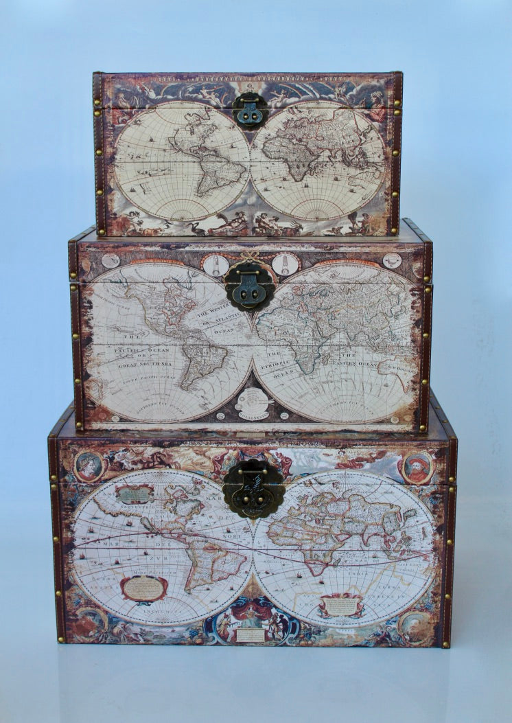 Set of 3 Large World Map Trunks - NetDécor