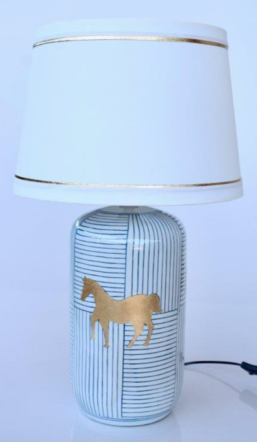 BLUE STRIPE WITH GOLD HORSE DETAIL GOLD TRIM SHADE - NetDécor