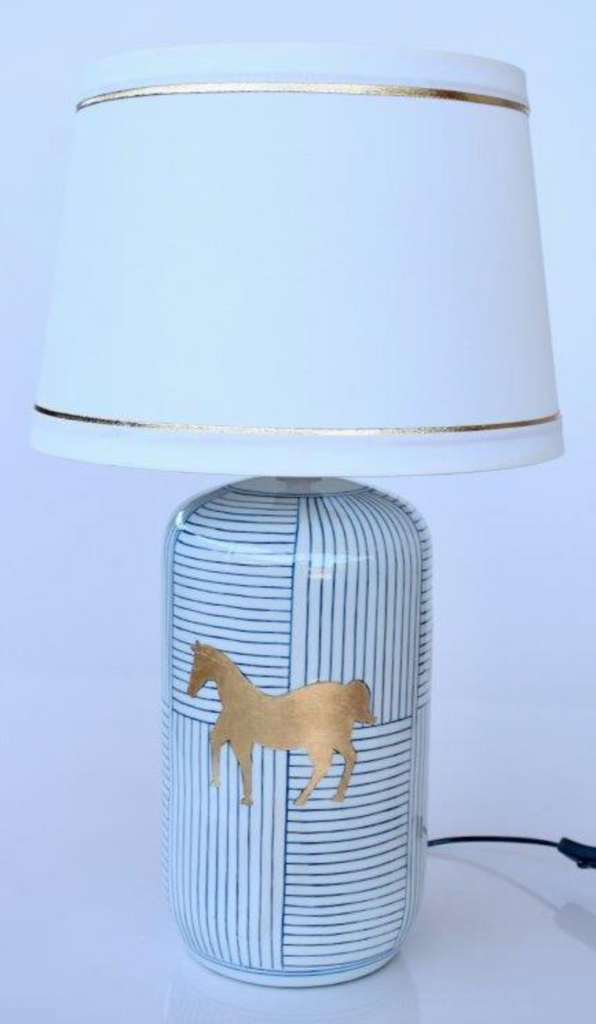 BLUE STRIPE WITH GOLD HORSE DETAIL GOLD TRIM SHADE - NetDécor 