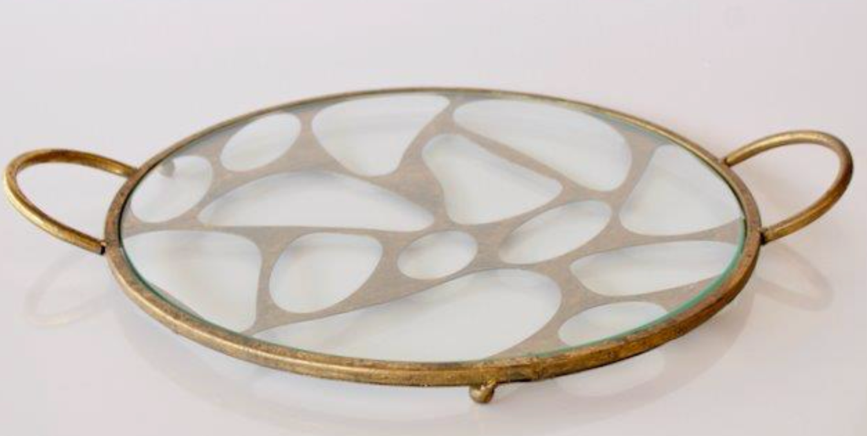 GOLD ROUND CUTOUT METAL TRAY GLASS TOP - NetDécor