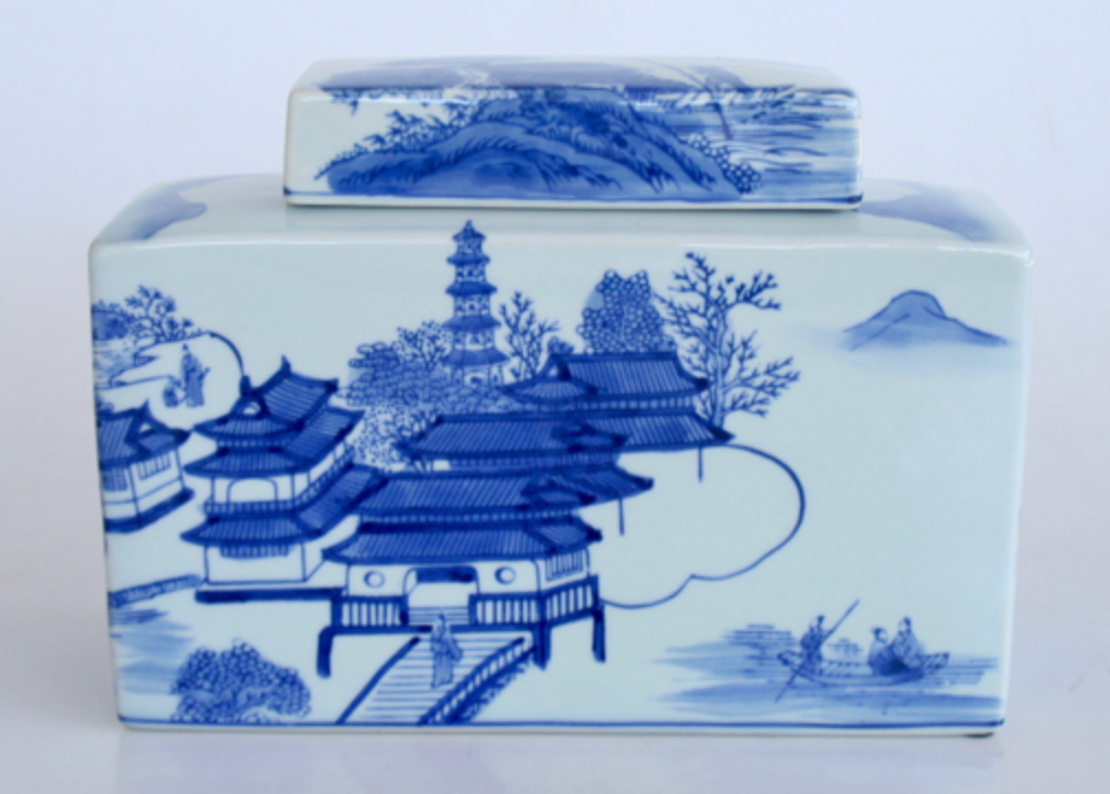 RECTANGULAR BLUE & WHITE JAR WITH LID - NetDécor
