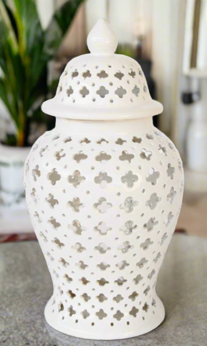 EXTRA LARGE WHITE CUT-OUT GINGER JAR - NetDécor