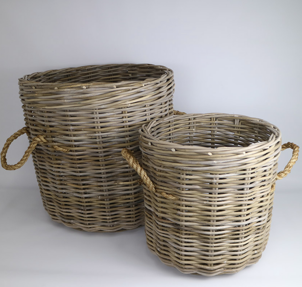 Giant Barrel Planters Round W Rope Handle Set of 2 - NetDécor 