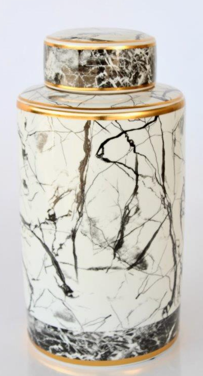 Marbled Black & Gold & White Jar with Lid - NetDécor