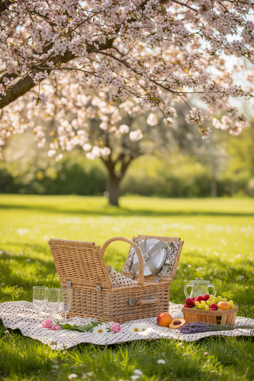 Polka Basket with Picnic Table Cloth for 4 people - NetDécor