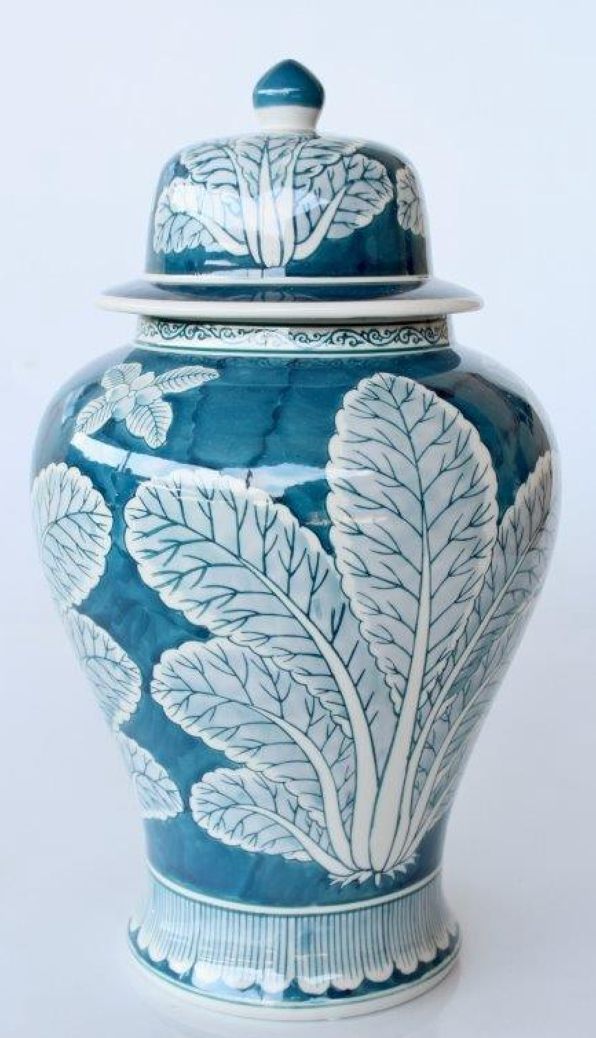 Blue and White Leaf Design Ginger Jar - NetDécor
