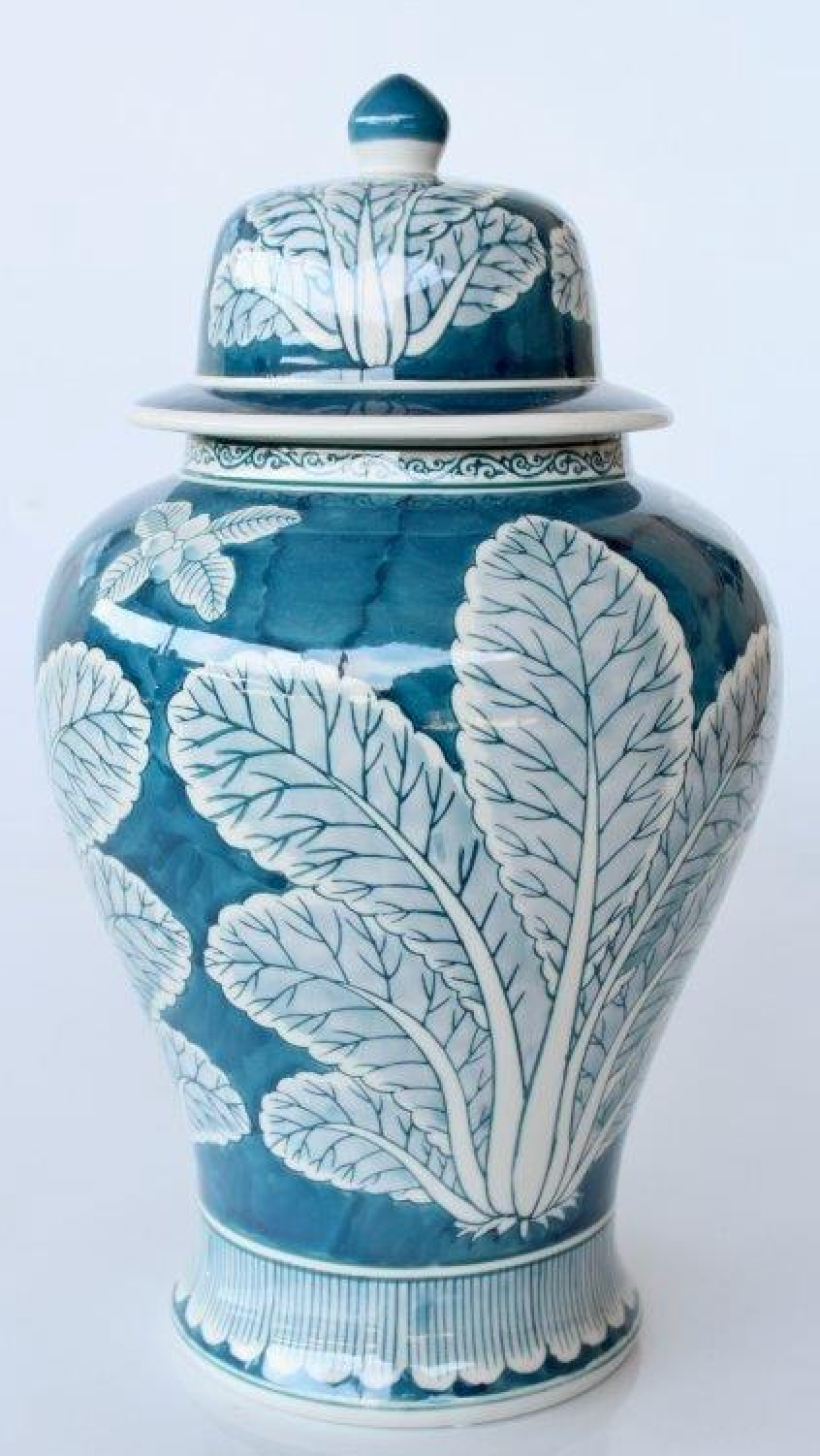 Blue and White Leaf Design Ginger Jar - NetDécor