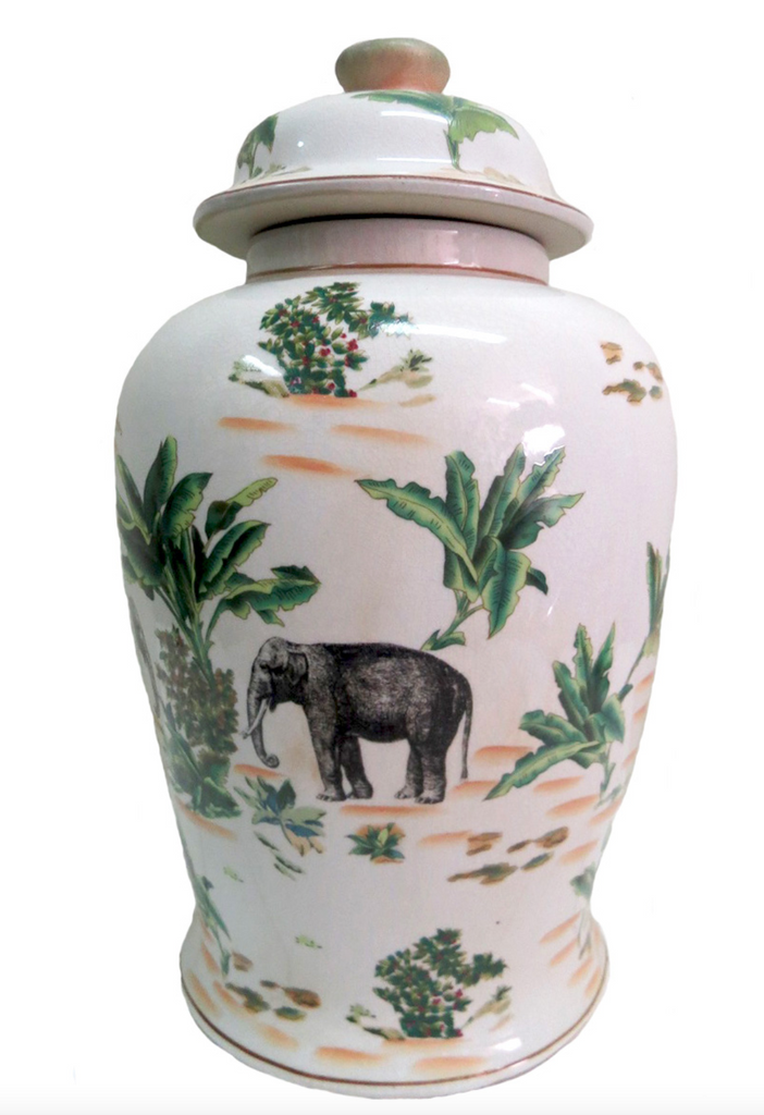 Large Elephant & Palm Leaf Ginger Jar - NetDécor 