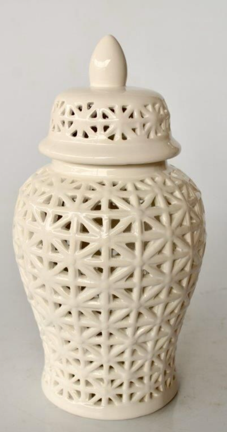 Small White Criss Cross Cut Out Ginger Jar - NetDécor