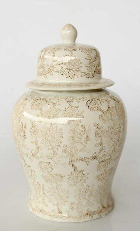 Cream and Brown Floral Pattern Jar - NetDécor