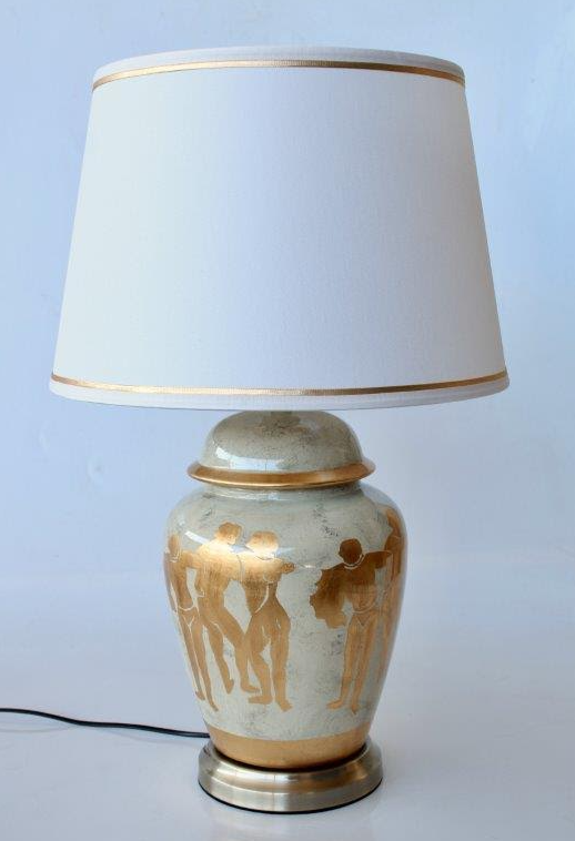 Grey With Gold Figurines Lamp Base With Off White Shade and Gold Trim - NetDécor