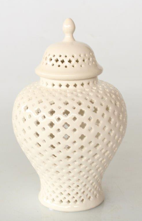 SMALL WHITE CUT-OUT GINGER JAR - NetDécor