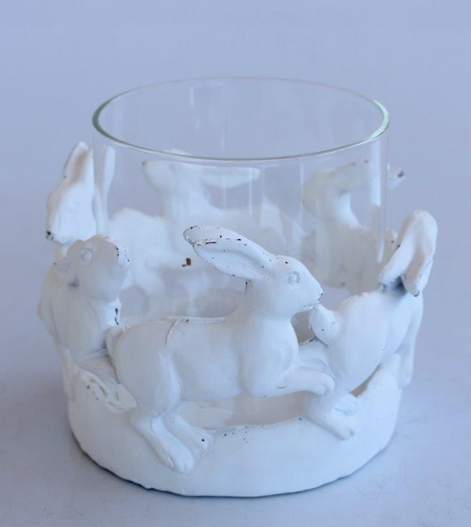 Set of Two Large White Round Bunny Tea Light Holders - NetDécor