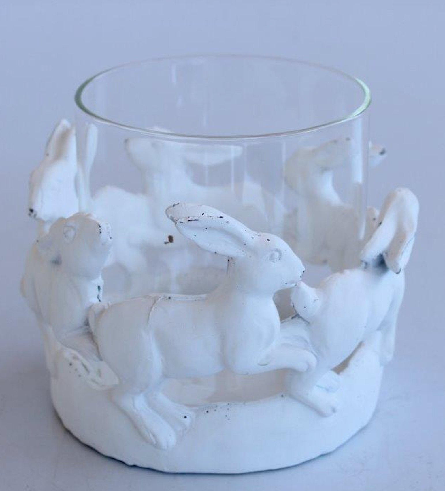 Set of Two Large White Round Bunny Tea Light Holders - NetDécor