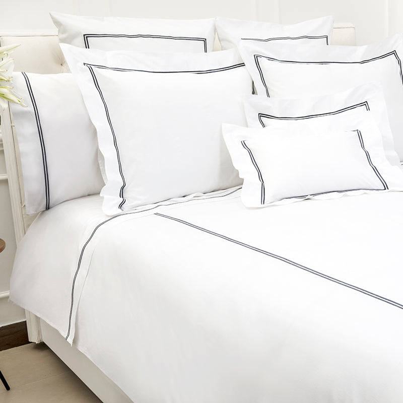 Percale Two Row Satin Cord White Charcoal Duvet Cover