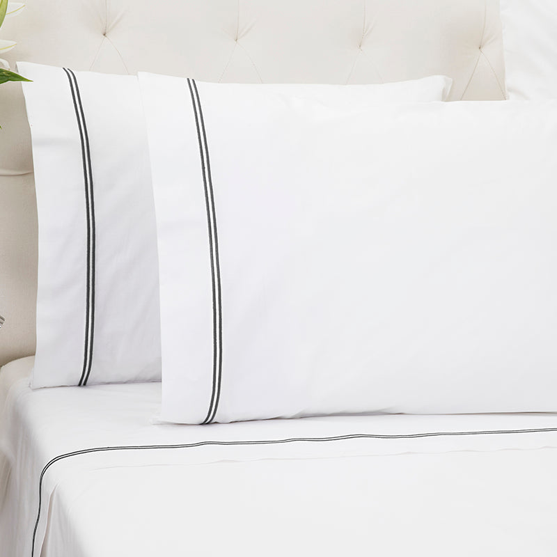 Percale Two Row Satin Cord White Charcoal Standard Pillowcase